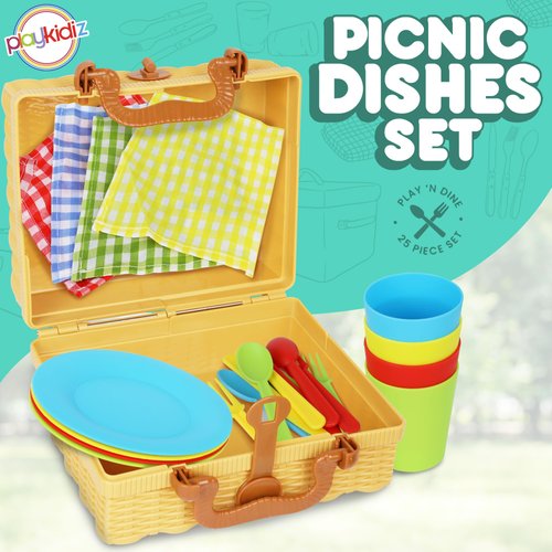 Playkidiz Kids Picnic Basket Toy Dishes, 25 Piece Plastic Tea Party Set - Colored Pretend Play Dishes Playset, Toddlers Kitchen Toys for Boys and Girls, Ages 3+