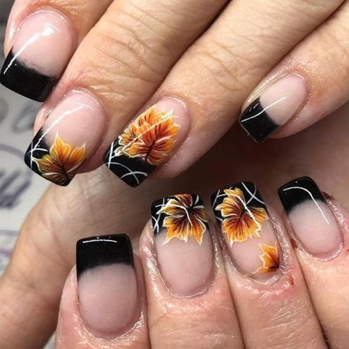 Black French Tips Press on Nails Short Square Thanksgiving False Nails 24Pcs Glossy White Curve Line Acrylic Fake Nails Gel Glue on Nails for Manicure Leaves Stick on Nails for Coquette Women Girls