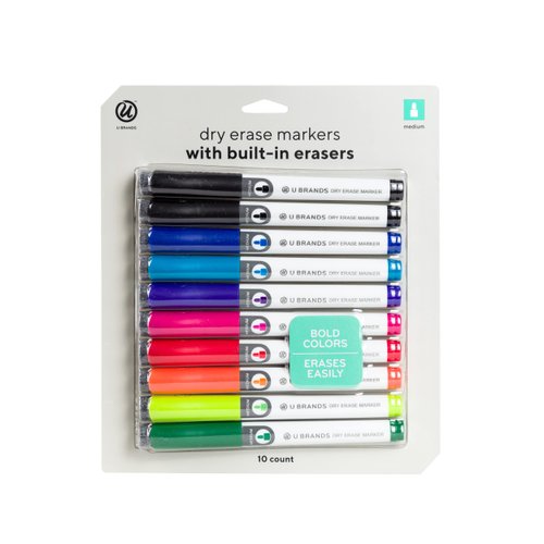 U Brands Low-Odor Dry Erase Markers With Erasers, Set of 10, Assorted Colors, Medium (2mm) Point