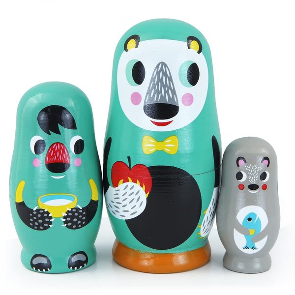 Winterworm Set of 3 Bear Nesting Dolls Animal Green Bear Wooden Russian Doll Handmade Matryoshka Dolls for Christmas Birthday Kids Stacking Toy Boy Girl Gift Home School Decoration