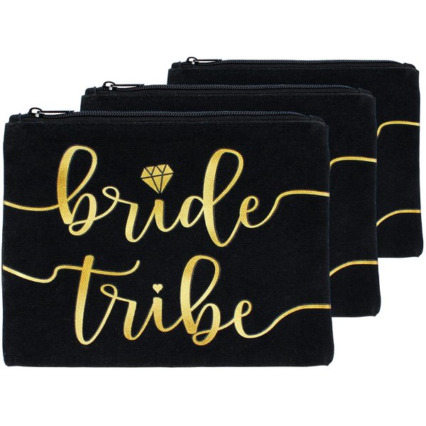 3pc Bride Tribe Makeup Bags - Bridesmaid Favor for Bachelorette Party, Bridal Shower, Wedding. Also great as Toiletry Bag, Wedding Survival Kit, Hangover Kit, Keepsake (3pc Pack, Black & Gold)