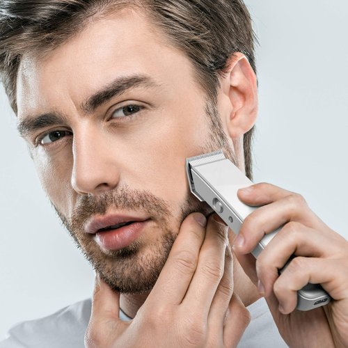 Pure Enrichment® TRYM™ Lithium Rechargeable Beard Trimmer - 11-Piece Grooming Kit with Cordless Use, Charging Dock, 4 Trim Attachments, Cleaning Brush, Clipper Oil, and Drawstring Travel Bag (White)