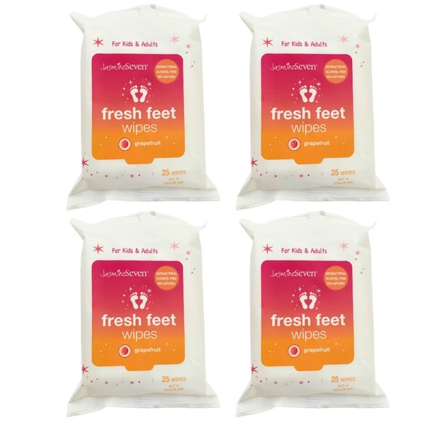 Fresh Feet Wipes - Travel Pack - Grapefruit - Antibacterial foot, hand, body wet wipes by Jasmine Seven (25 Count Pack of 4 = 100 wipes)
