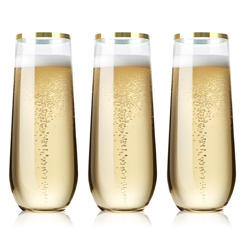 MR.FOAM 9oz Plastic Champagne Flutes, 12 Pack Stemless Disposable Toasting Glasses,Shatterproof Crystal Clear Glasses Cocktail Cups Ideal for Wedding and Shower Party Supplies (Gold Rim)