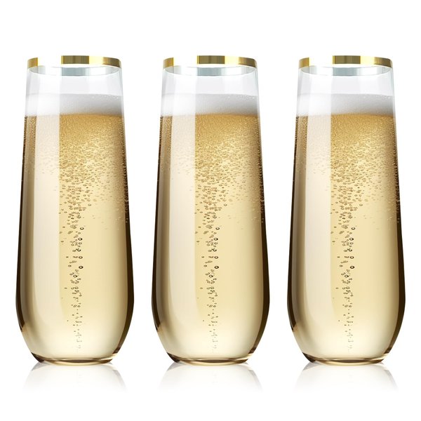 MR.FOAM 9oz Plastic Champagne Flutes, 12 Pack Stemless Disposable Toasting Glasses,Shatterproof Crystal Clear Glasses Cocktail Cups Ideal for Wedding and Shower Party Supplies (Gold Rim)
