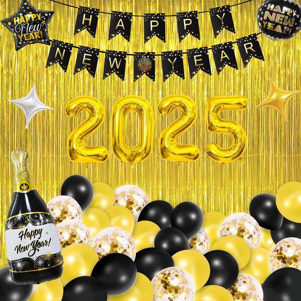 HeyMate Happy New Years Decorations 2025, New Years Eve Party Supplies 2025 , Black Gold New Years Eve Party Decorations Supplies