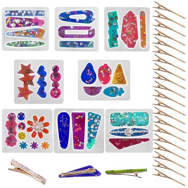SENHAI 8 PCS Multi-Style DIY Hair Clips Resin Molds, with 20 Golden Hair Clip Accessories, Resin Hair Clips Mould for Making Hair Clips, DIY Crafts, Keychains,Jewelry Pendants