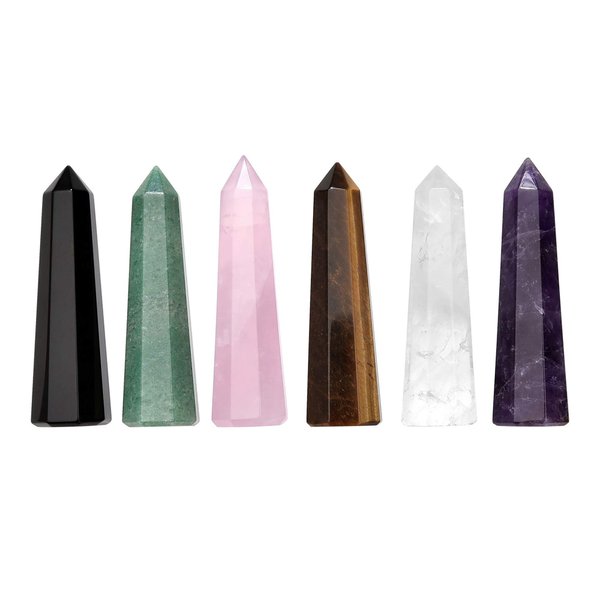 CrystalTears 6pcs Healing Crystals Wand Set Natural Amethyst Rose Quartz Clear Quartz Tiger Eye Green Aventurine Black Obsidian Reiki Healing Crystal Stones Kit for Meditation Yoga Crystal Therapy