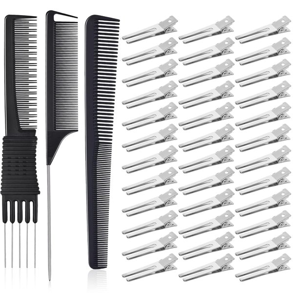 50Pcs Pin Curl Clips, IKOCO Hairdressing Double Prong Hair Clips with 3Pcs Comb Set for Setting Curls, Hair Salon or Barber, Silver