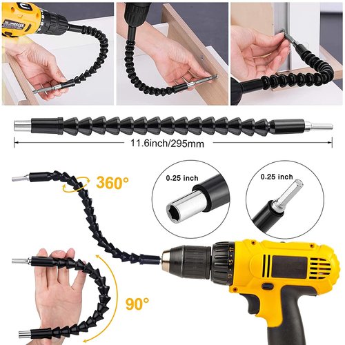 Flexible Drill Bit Extension Set, Hex Shank 105°Right Angle Drill Bit Attachment, 3pcs Drill Bit Holder Extension, 1/4 3/8 1/2" Universal Socket Adapter, Screwdriver Bit Kit
