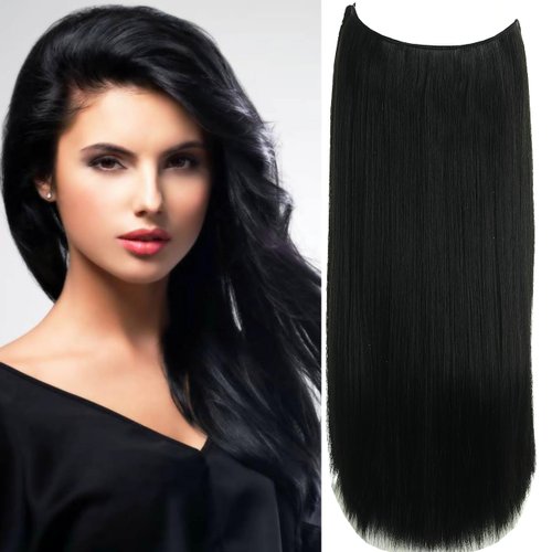 LECIPO Invisible Wire Real Human Hair Extensions Transparent Wire Adjustable Size 4 Secure Clips Long Straight Secret Hairpiece 18 Inch Black for Women