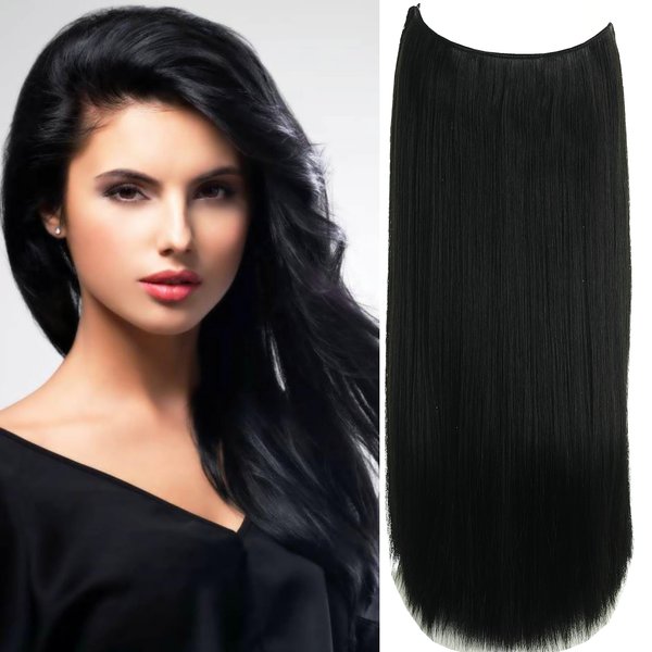 LECIPO Invisible Wire Real Human Hair Extensions Transparent Wire Adjustable Size 4 Secure Clips Long Straight Secret Hairpiece 18 Inch Black for Women