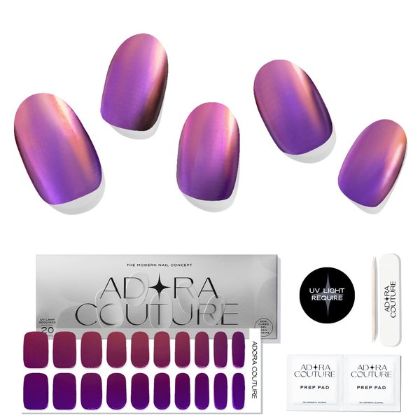 Adora Couture Semi Cured Gel Nail Strips | 20pcs DuoChrome Purple Nail Art Gel Strips | Nail Wraps for Women | Gel Nail Stickers with UV Light Required (Aurora Charoite)