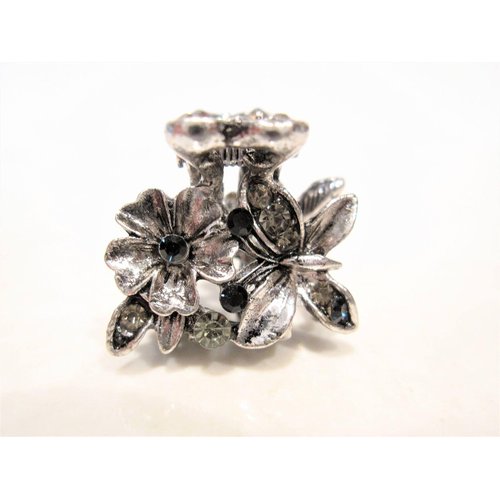 Silver metal blue/black flower butterfly crystal hair claw clip bridal clip