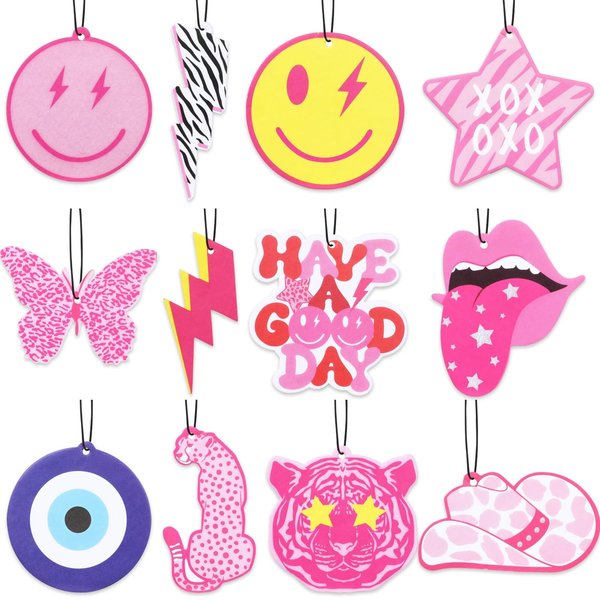 12pcs Preppy Boho Car Air Freshener Essential Oil Hanging Slice Cute Pink Happy Face Air Fresheners Car Interior Accessories for Hanging Rearview Mirror Pendant Y2K Girl Bachelorette Party Home Room