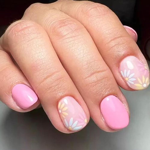 24Pcs Colorful Flower Press on Nails Short Square Fake Nails Spring Press on Nails Light Pink Acrylic Nails Full Cover Glossy False Nails for Women and Girls Stick on Nails Spring Summer Nail Art