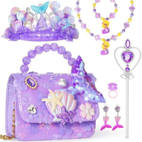 Mermaid Toys,Toddler Purse, Girls Purse Mermaid Play Purse for Little Girls Play Jewelry Birthday for Toddler Girls Age 3 4 5 6 7 8 Years Old (Purple)