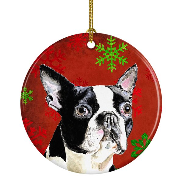 Boston Terrier Red Snowflakes Holiday Christmas Ceramic Ornament SC9400