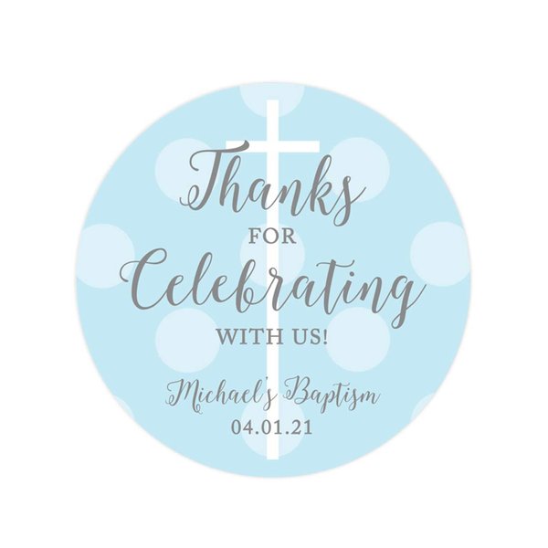 Andaz Press Baby Blue and Gray Boy Baptism Collection, Personalized Round Circle Label Stickers, Thanks for Celebrating with US, 40-Pack, Custom Name