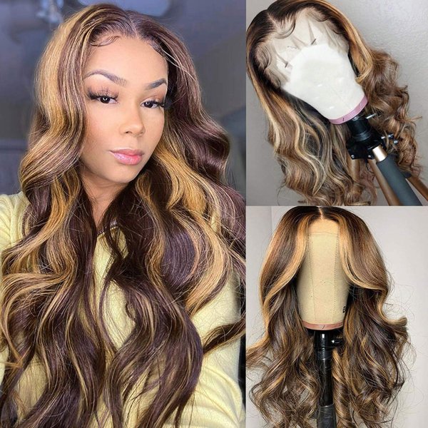 YMS Human Hair Wigs 4/27 Highlight Lace Front Wigs Human Hair 150% Density Wigs for Black Women Human Hair Lace Front Wigs Pre Plucked(16 inch,T Part Lace Front Wig)