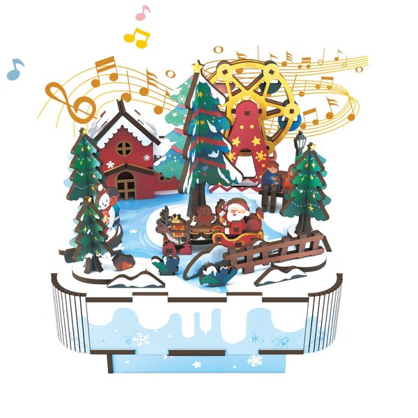 Wooden Music Box Puzzle – DIY Christmas Street View Rotating Music Box Kit, 3D Creative Musical Puzzle Craft Model, Holiday Desk Decor, for Adults, Birthday & Christmas