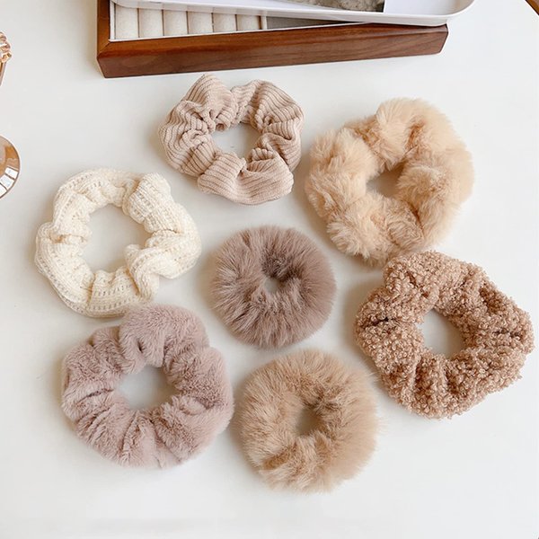 Yonchic 7-Piece Velvet Solid Elastic Hair Ties, Gentle Style Scrunchies for Women Long Thick Hair, No Damage Hair Scrunchies Rubber Bands Accessories (Khaki)
