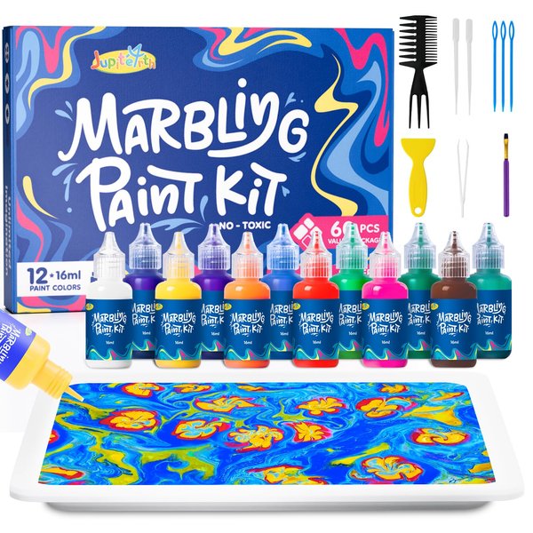 JUPITEARTH 12 Color Water Marbling Paint Kit, Arts and Crafts for Girls & Boys, Art Supplies for Kids Ages 3-5 4-8 8-12, Marbling Paint for DIY Crafts, Thanksgiving, Christmas and Birthday Gifts