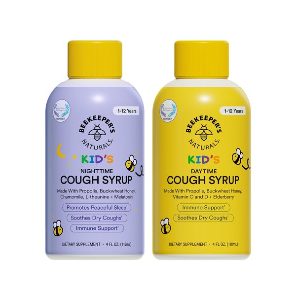 Beekeeper's Naturals Kids Honey Cough Syrup – Day & Night Value Pack – Immune Support with Elderberry, Vitamin C, D, Propolis & Raw Honey – Soothing, Clean Ingredients – Two Pack, 2 x 4 fl oz