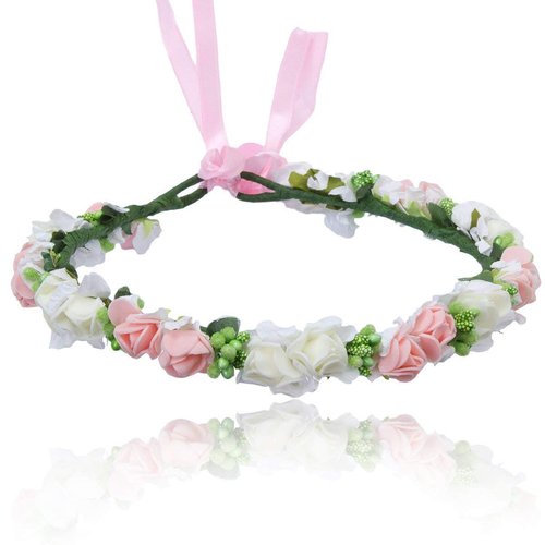 Onwon Multicolor Rose Flower Wreath Headband Floral Crown Garland Halo Hair Band for Wedding Festivals Photography Travel Performance Hair Accessories (1 Peachy Pink & White)