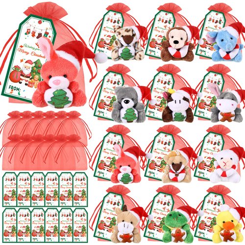 Wiwiqing 12 Set Christmas Classroom Gifts Set Christmas Mini Stuffed Animals Toys with Xmas Cards and Organza Bags for Students Christmas Party Favors Goodie Bag Filler Classroom Exchange Gift