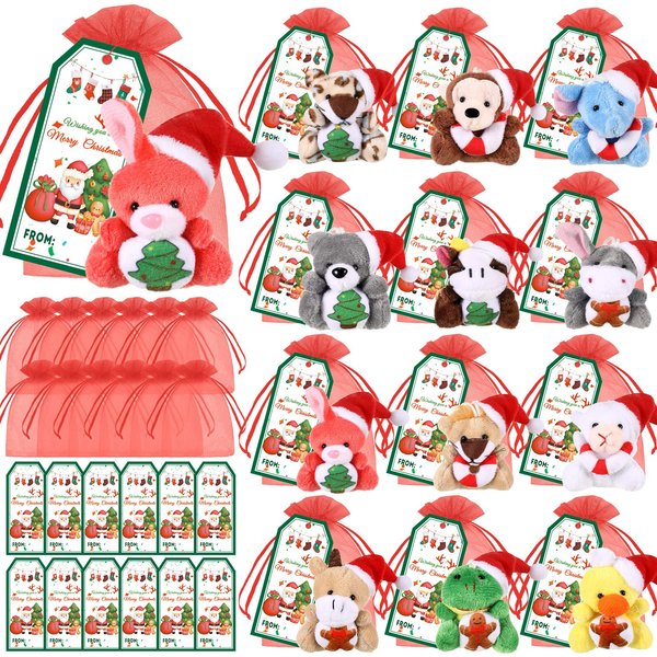 Wiwiqing 12 Set Christmas Classroom Gifts Set Christmas Mini Stuffed Animals Toys with Xmas Cards and Organza Bags for Students Christmas Party Favors Goodie Bag Filler Classroom Exchange Gift