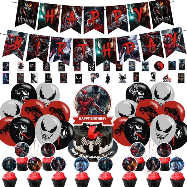 AM/Z Venom 2 Party Decorations,Venom 2 Birthday Party Supplies For Venom Party Supplies Includes Banner - Cake Topper - 12 Cupcake Toppers - 18 Balloons - 30 Venom Stickers