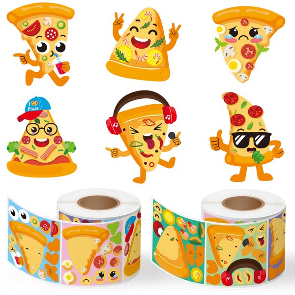 Haooryx Pizza DIY Sticker Roll - 300pcs Kids' DIY Craft Sticker Roll Make Your Own Pizza Reusable Mix And Match Vinyl Waterproof Bullet Journal Student Awards Incentives Water Bottle Page Activity Pad