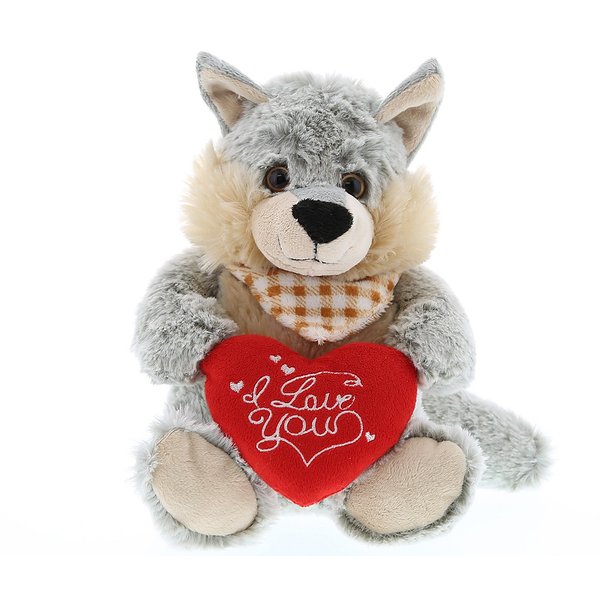 DolliBu I Love You Valentine Plush Sitting Wolf - Cute Stuffed Animal with Red Heart and Name Personalization Gift for Valentines Day, Birthday, Anniversary, Romantic Date - 9 Inches