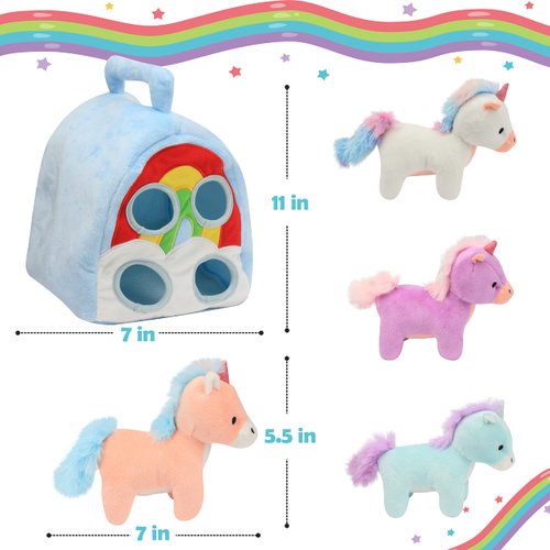 Hopearl Unicorn Plush Rainbow Bag with 4 Baby Unicorns Stuffed Animals Play Set Toy House with Handle Plush Toy Set Gifts for Girls Toddlers Age 3, 4, 5, 6, 7, 8 Year Old, 11''