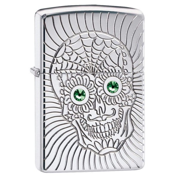 Zippo Armor Sugar Skull Design High Polish Chrome Emblem Attached Pocket Lighter