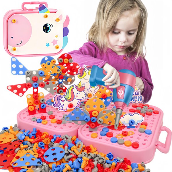 AquaArcc Girls Unicorn Drill Toys Age 4-8, Girls Stem Toy 351pc Electric Drill with Toolbox, Grils Tool Set Creative Toys 3D Engineering Building Kits, Brithdaty for 4 5 6 7 8 Years Old Girls