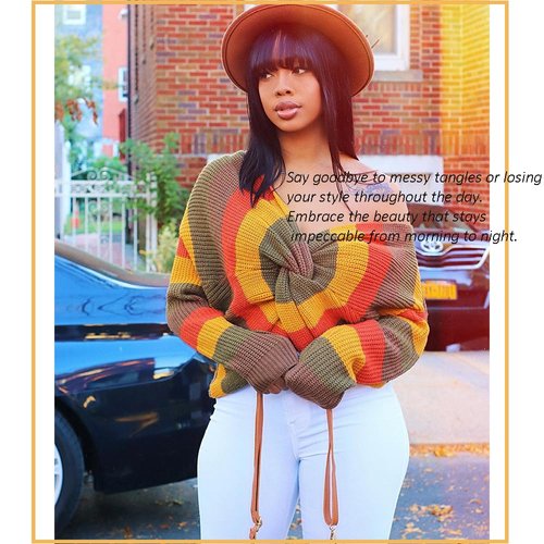 X-TRESS Black Wig with Bangs Human Hair,16Inch Straight Wigs with Bang Wear and Go Glueless Wig for Women,Full Machine Made No Lace Front Wigs 100% Human Hair Bang Wigs(16Inch)