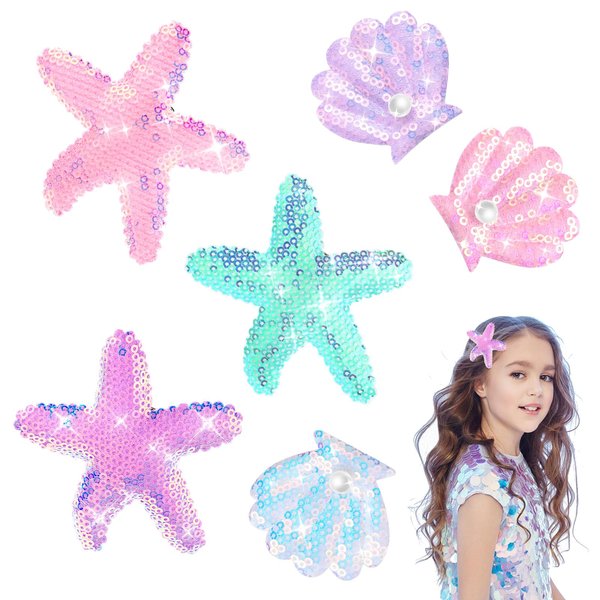 Amabro 6PCS Shell Starfish Hair Clip Set Glitter Pearls Shell Hair Clips Multicolor Head Pieces Bobby Pins Accessories for Women and Girls