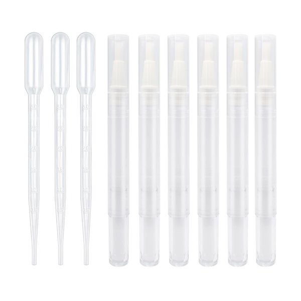 Juxiamal 6pcs 3ml Empty Cuticle Oil Pen Tubes and 3pcs Pipettes, Clear Twist Nail Oil Pens with Brush Tip Cosmetic Container Applicators for Homemade Nail Oil, Lip Gloss, Eyelash Growth Liquid