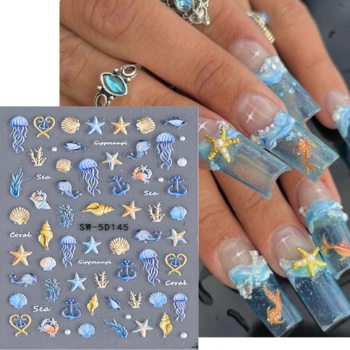 Summer Ocean Shell Nail Art Stickers Decals 5D Embossed Seashell Starfish Nail Decals Summer Nail Art Decorations Supplies Ocean Theme Summer Nails Adhesive Sliders for Women Girls DIY Nail Salons
