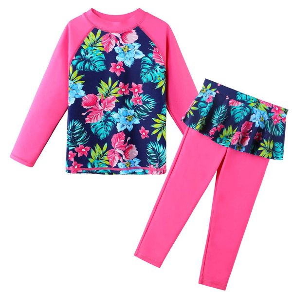 TFJH E Kids Girls Swimsuits Two Pieces Rashguard Sunsuits Dress Beachwear Skirt UV 50+ Navy Flower 6A