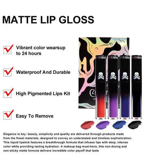 Bekoeen 4PCS Dark Blue Black Purple Matte Liquid Lipstick Set,24 Hour Long Lasting Red Lipgloss,Waterproof Smudge Proof Matte Lip Glaze,Gothic Festive Lip Gloss