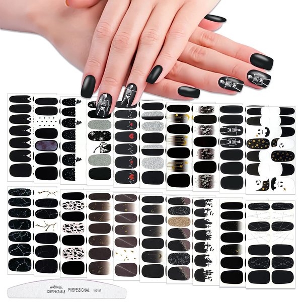 WOKOTO 20 Sheets 280 Pieces Black Nail Stickers Full Nail Wraps French Style Stick On Nail Polish Strips Black Gel Nail Strips Delf Adhesive Punk Gel Nail Sticker for Women Girls Kids with Nail File