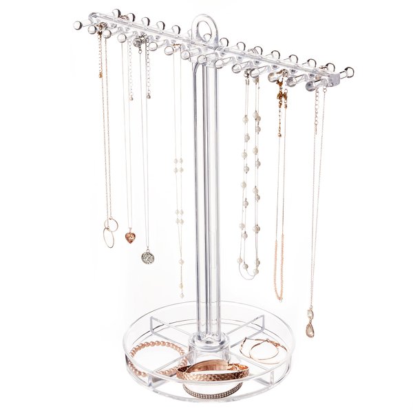 STORi Clear Plastic Hanging Jewelry Organizer | Holds 30 Individual Necklaces on the Pegs & Sorts Jewelry in the Bottom Divided Holder | Made in USA