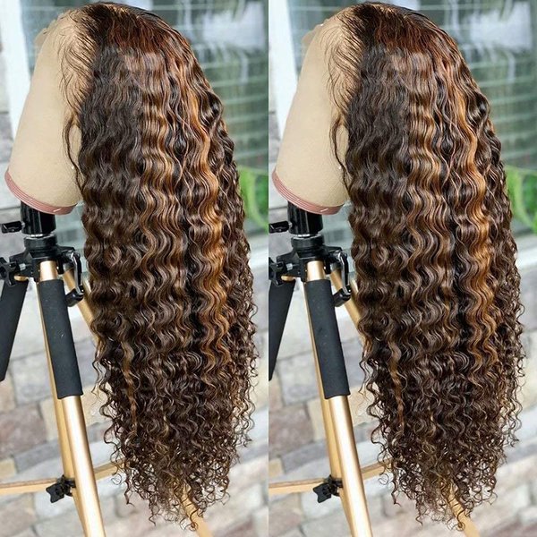 Ten Chopsticks Wigs HD Transparent Highlight Ombre T4/27 Color Invisible Knots Curly 13x4 Lace Front Human Hair Wigs for Women 180% Density Closure Wigs With Baby Hair 22 inch