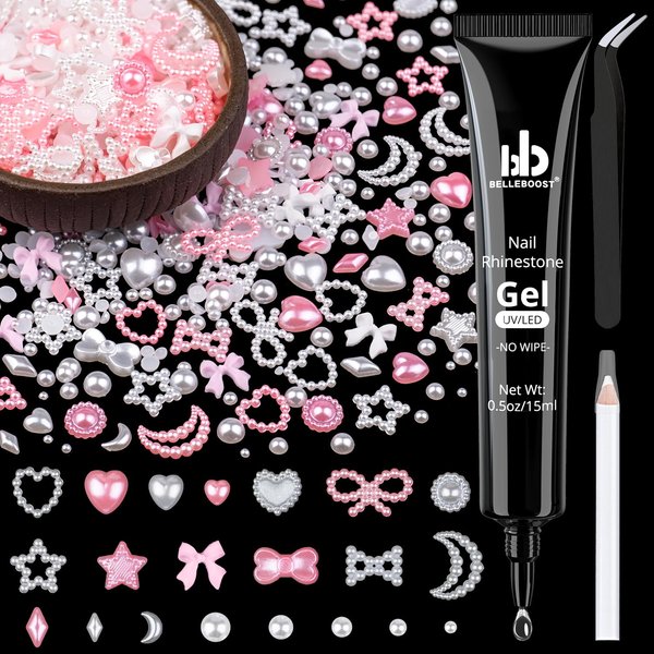 600Pcs 3D Multi Shapes Nail Charms and Flatback Pearls, White&Pink Mix Styles Heart Star Bow Sunflower Embellishments for Nail Art, Craft and Decoration with Glue Gel, Tweezer and Pickup Pencil