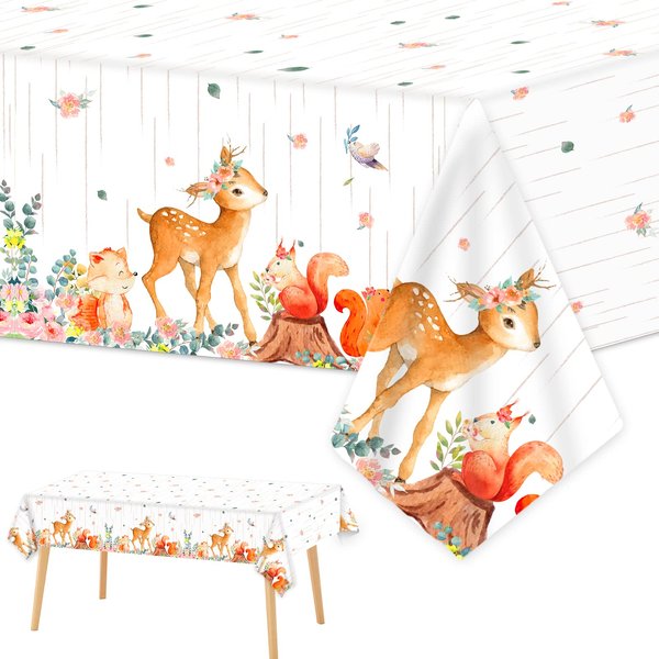 3 Pieces Woodland Tablecloths Baby Shower Decorations for Girl Floral Woodland Creatures Plastic Table Covers Forest Wild Creatures Animal Friends Table Decoration for Birthday Party Supplies