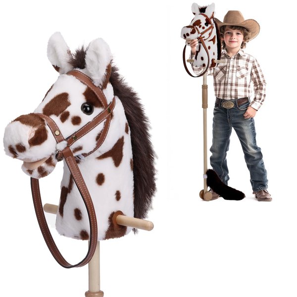 PLYFOU Stick Horse with Realistic Sound Effects, Hobby Horse, Wooden Pole, Handle, and Wheels, 38” Tall Horse Toys Gift for Kids Toddlers 3 Years+, Black (AA Batteries Required)