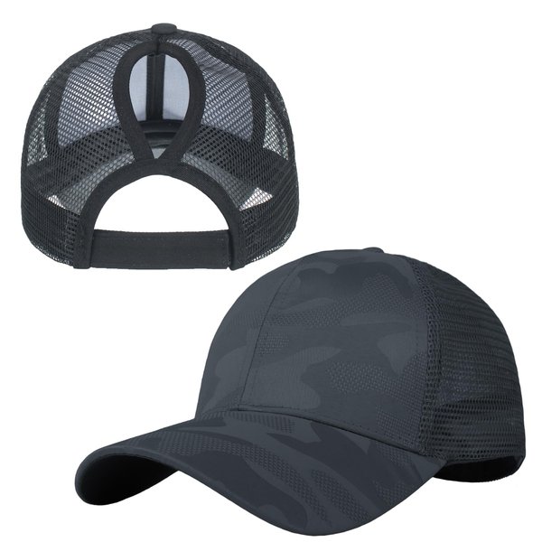 TopTie Womens Camo Ponytail Baseball Cap Messy High Bun Ponytail Hat, Camouflage Mesh Baseball Cap-Black